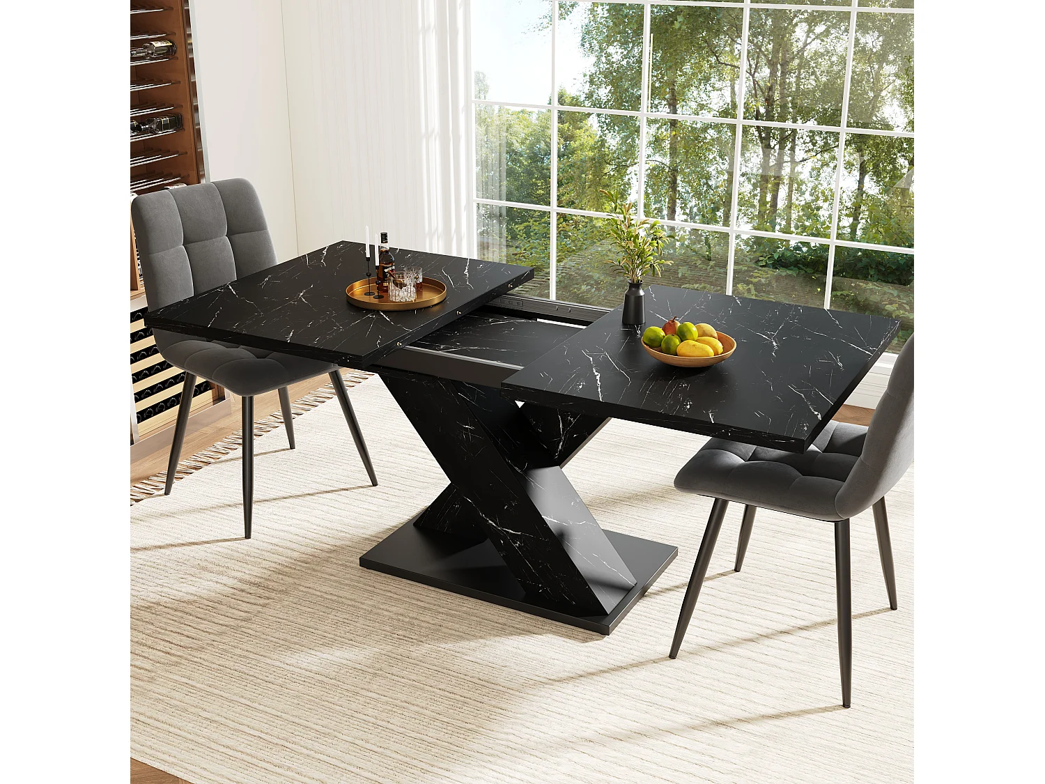 Table à manger extensible - MDF - texture de marbre - 4-6 personnes - design moderne en forme de X - Noir