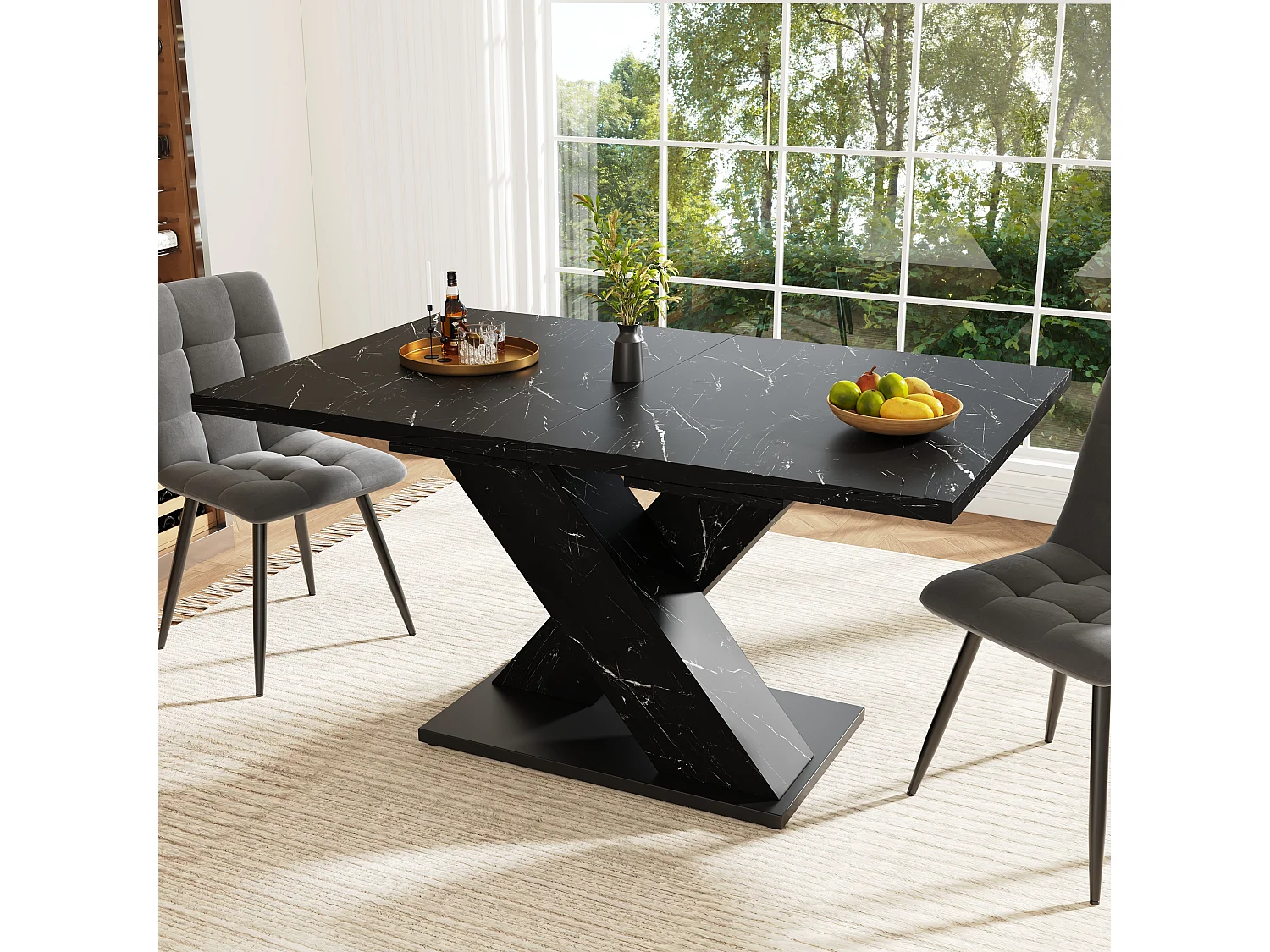 Table à manger extensible - MDF - texture de marbre - 4-6 personnes - design moderne en forme de X - Noir