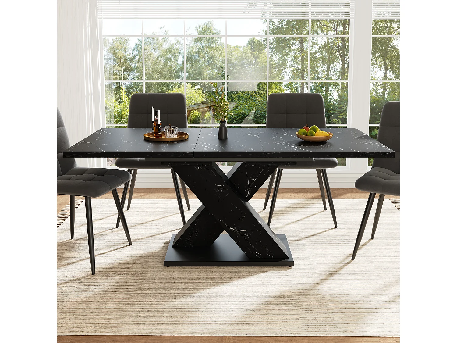 Table à manger extensible - MDF - texture de marbre - 4-6 personnes - design moderne en forme de X - Noir