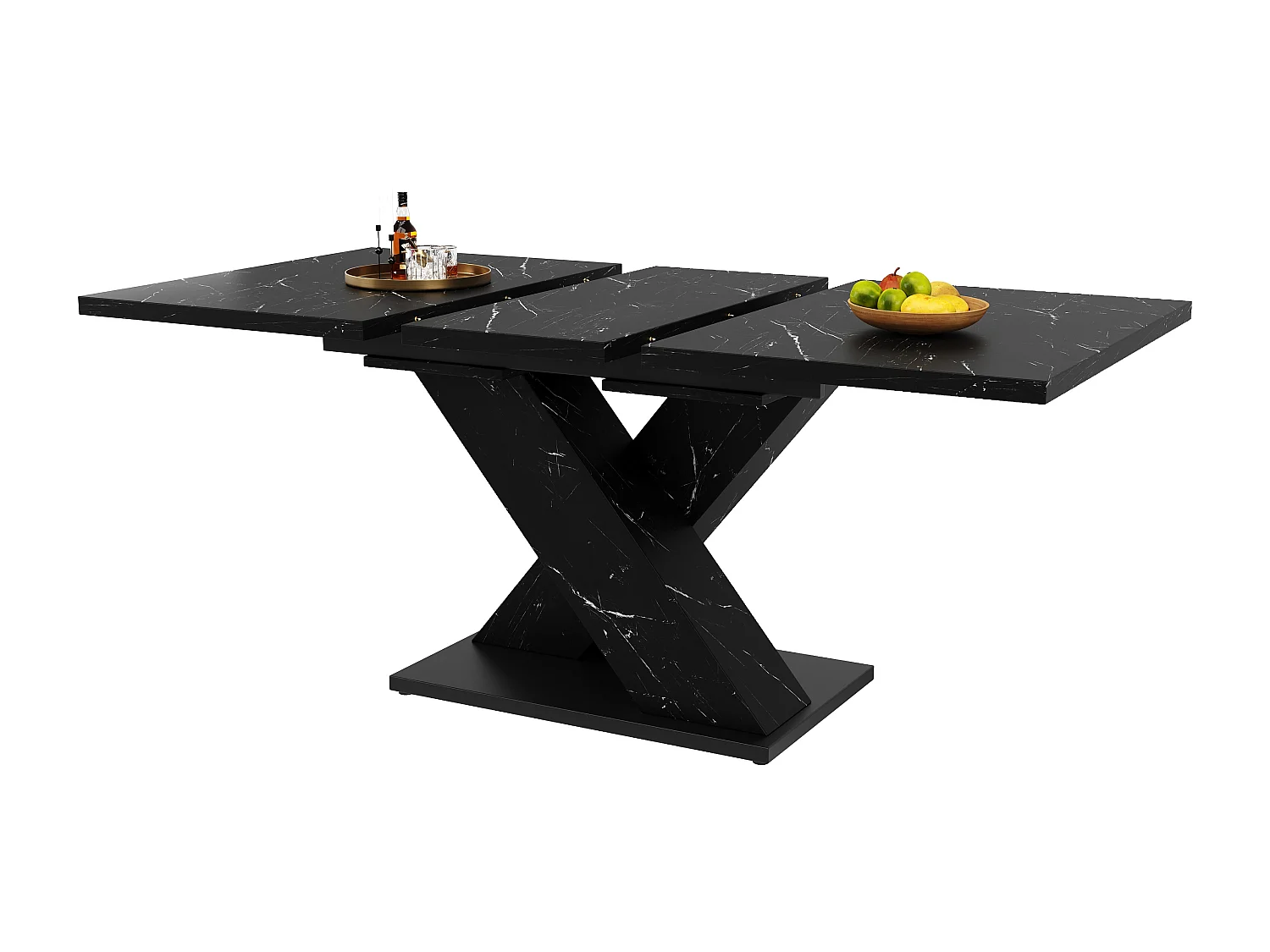 Table à manger extensible - MDF - texture de marbre - 4-6 personnes - design moderne en forme de X - Noir