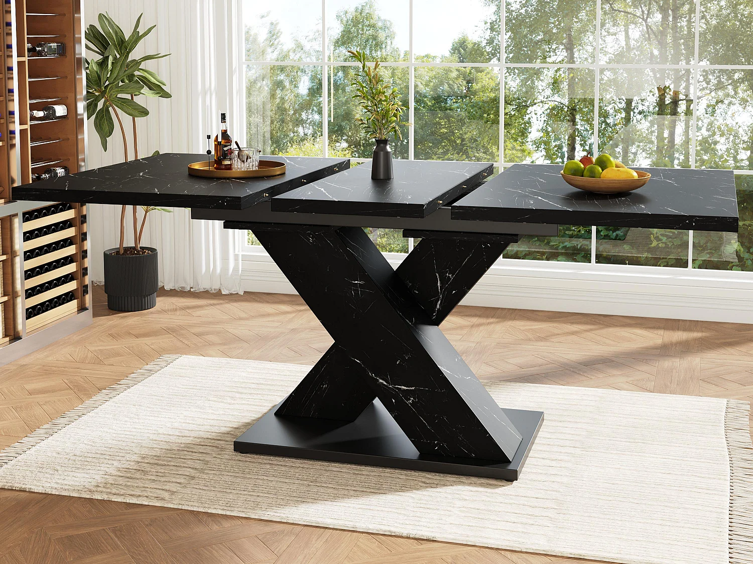 Table à manger extensible - MDF - texture de marbre - 4-6 personnes - design moderne en forme de X - Noir