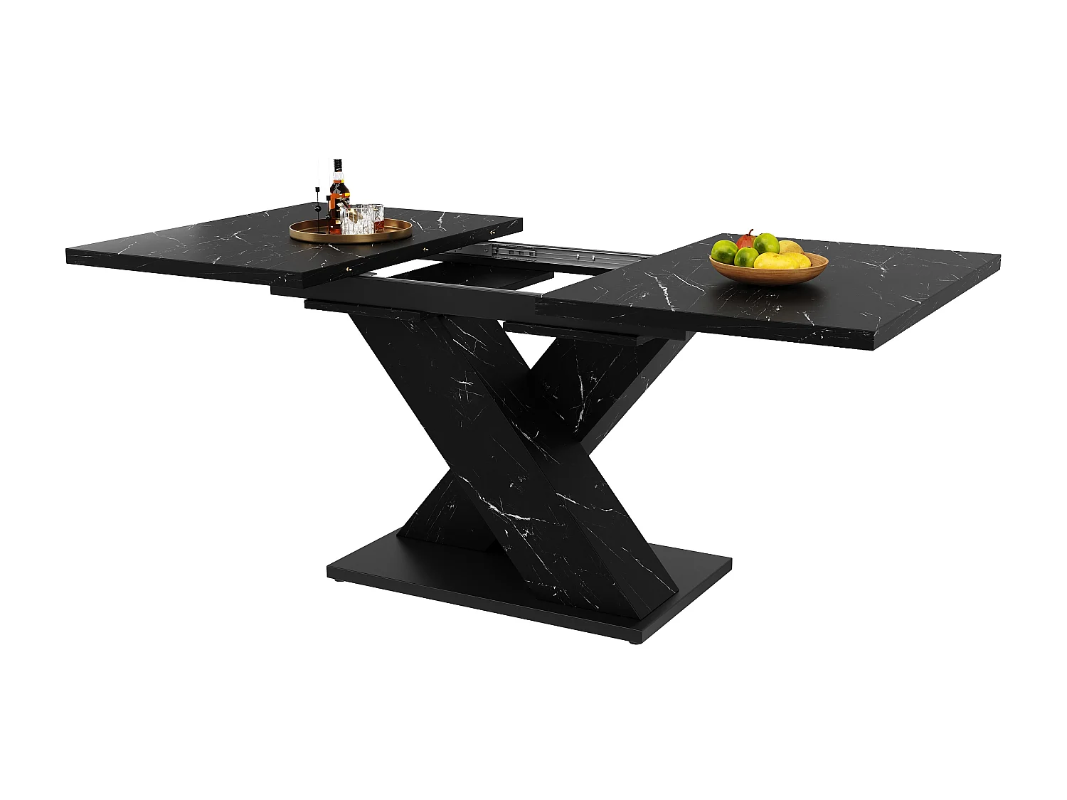 Table à manger extensible - MDF - texture de marbre - 4-6 personnes - design moderne en forme de X - Noir