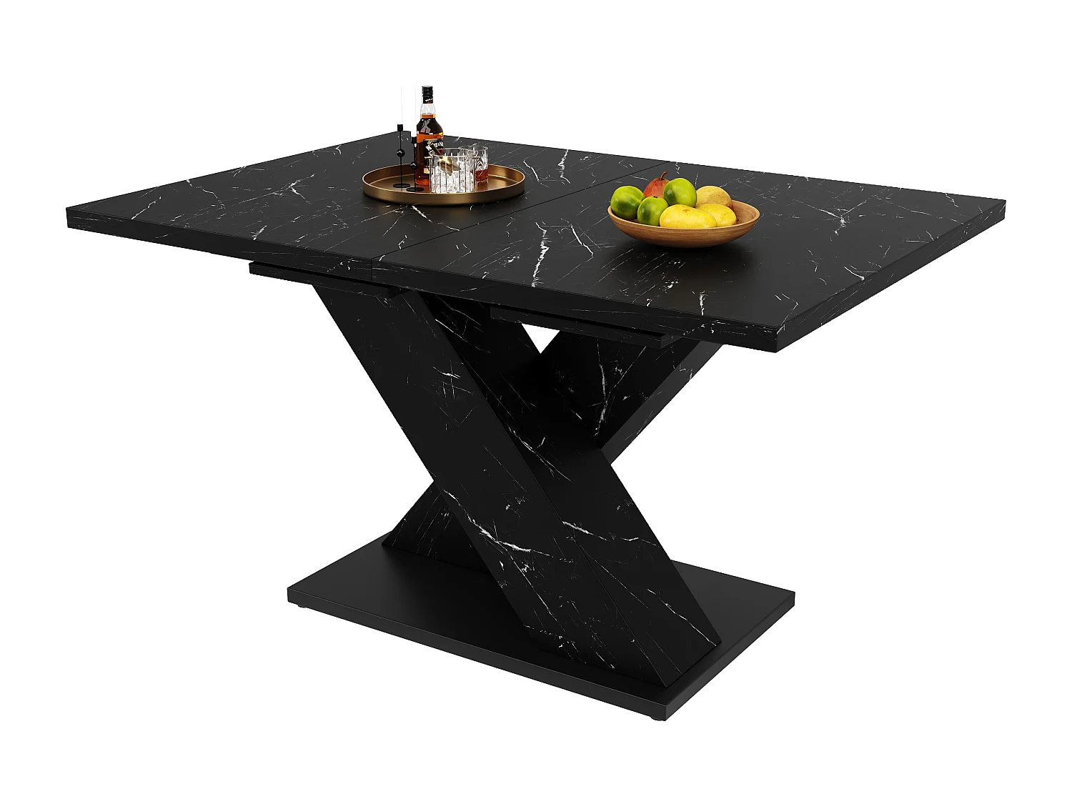 Table à manger extensible - MDF - texture de marbre - 4-6 personnes - design moderne en forme de X - Noir