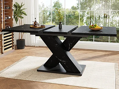 Table à manger extensible - MDF - texture de marbre - 4-6 personnes - design moderne en forme de X - Noir