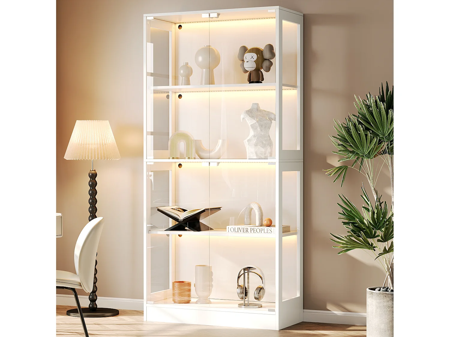 Glasvitrine 80x35x170cm - Vier-Etagen-Stauraum - LED-Beleuchtung - Mit 4 Türen - MDF+Glas - Weiß