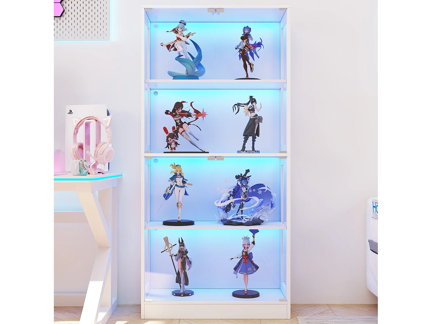 Glasvitrine 80x35x170cm - Vier-Etagen-Stauraum - LED-Beleuchtung - Mit 4 Türen - MDF+Glas - Weiß