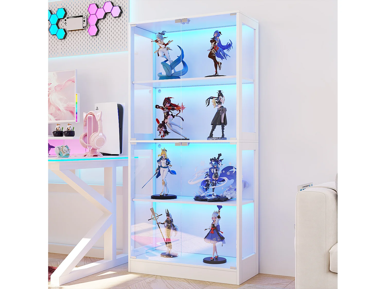 Glasvitrine 80x35x170cm - Vier-Etagen-Stauraum - LED-Beleuchtung - Mit 4 Türen - MDF+Glas - Weiß