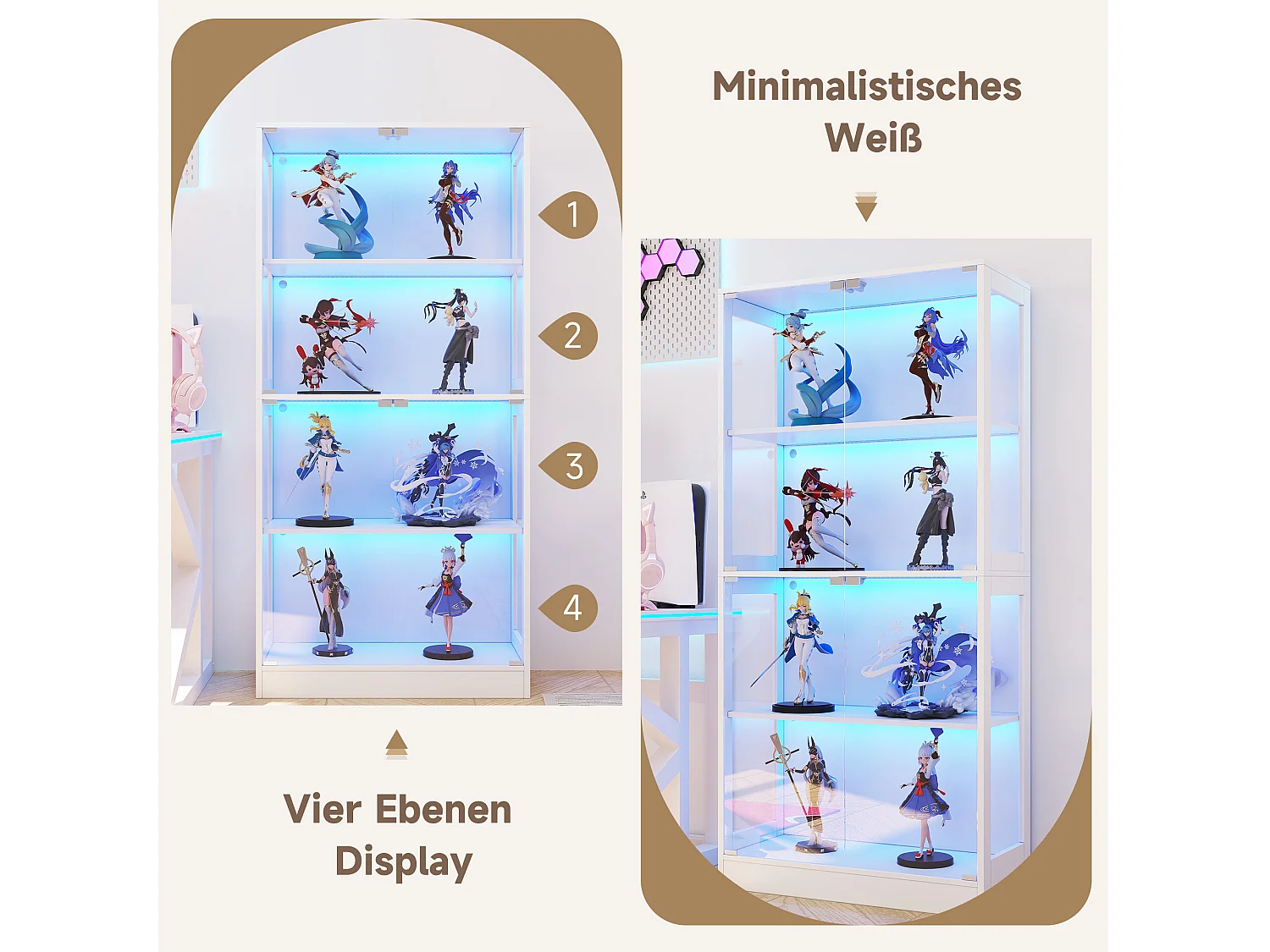 Glasvitrine 80x35x170cm - Vier-Etagen-Stauraum - LED-Beleuchtung - Mit 4 Türen - MDF+Glas - Weiß