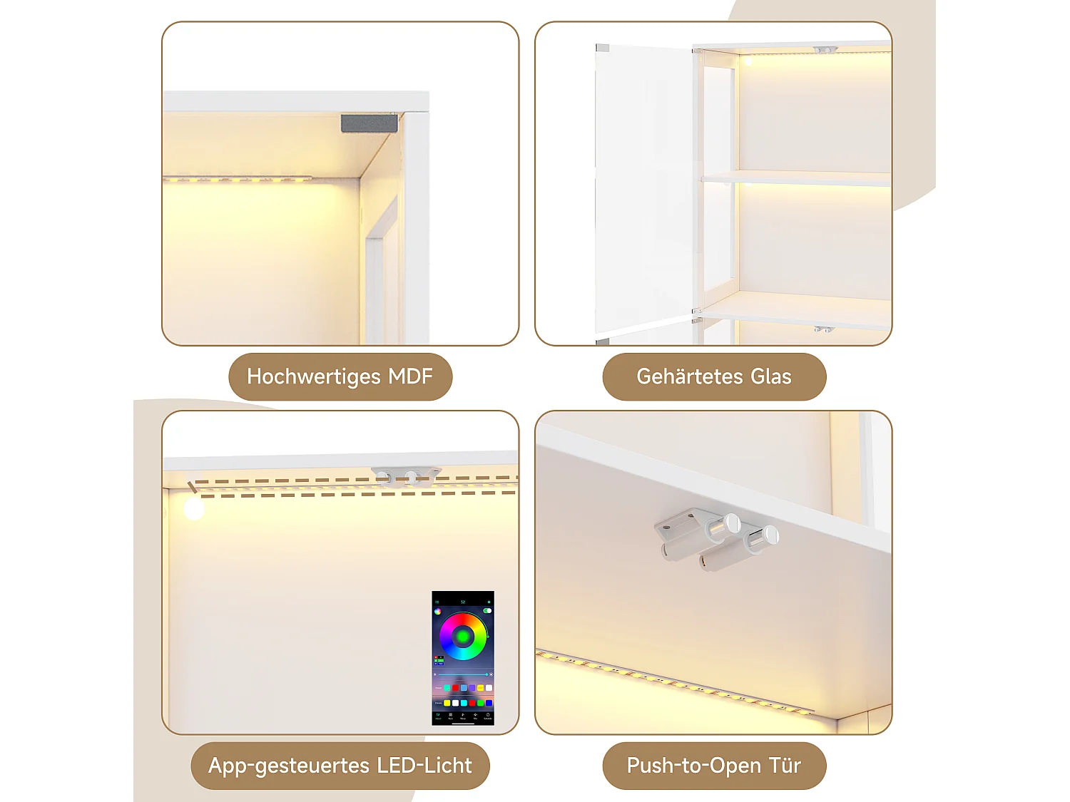 Glasvitrine 80x35x170cm - Vier-Etagen-Stauraum - LED-Beleuchtung - Mit 4 Türen - MDF+Glas - Weiß
