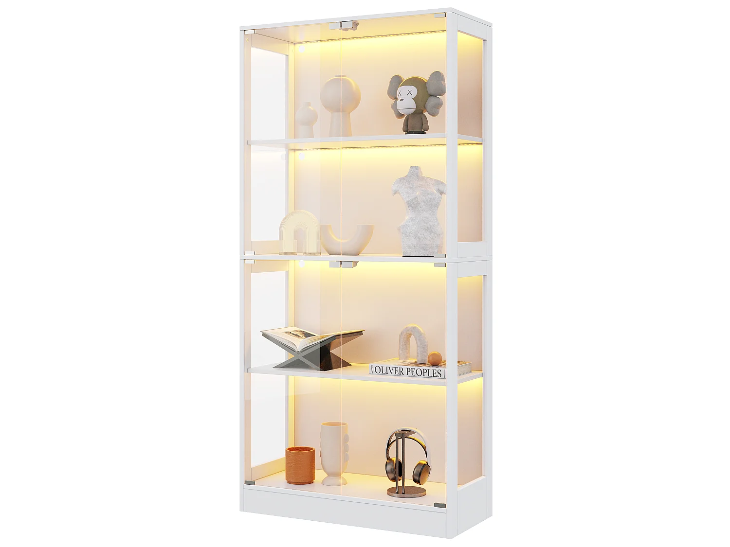Vitrinskåp i glas 80x35x170cm - förvaring i fyra nivåer - LED-belysning - med 4 dörrar - MDF+glas - vit