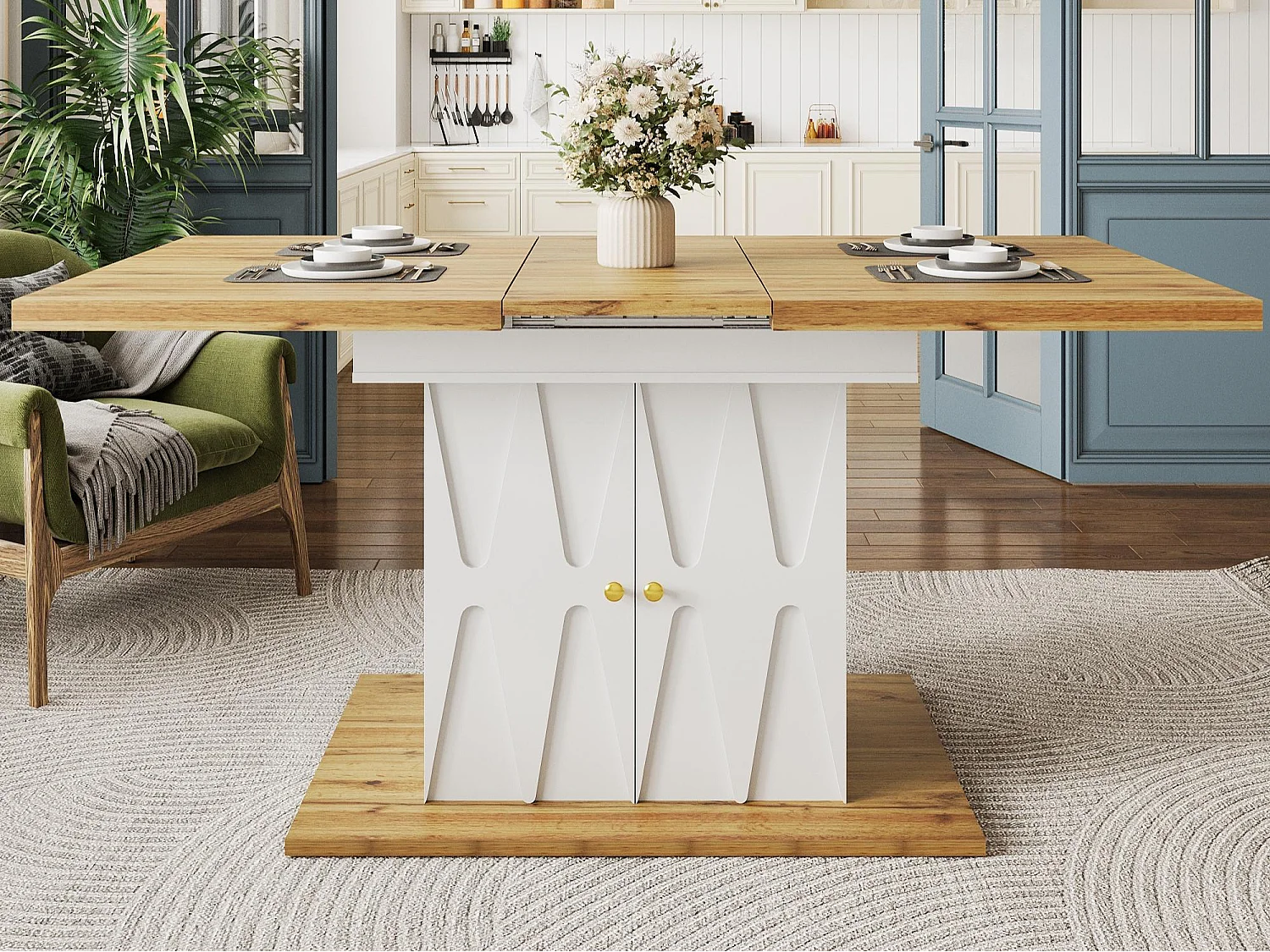 Table à manger extensible 110/140x70x76 cm - Pour 6 personnes - MDF + métal - avec meuble de rangement - Blanc