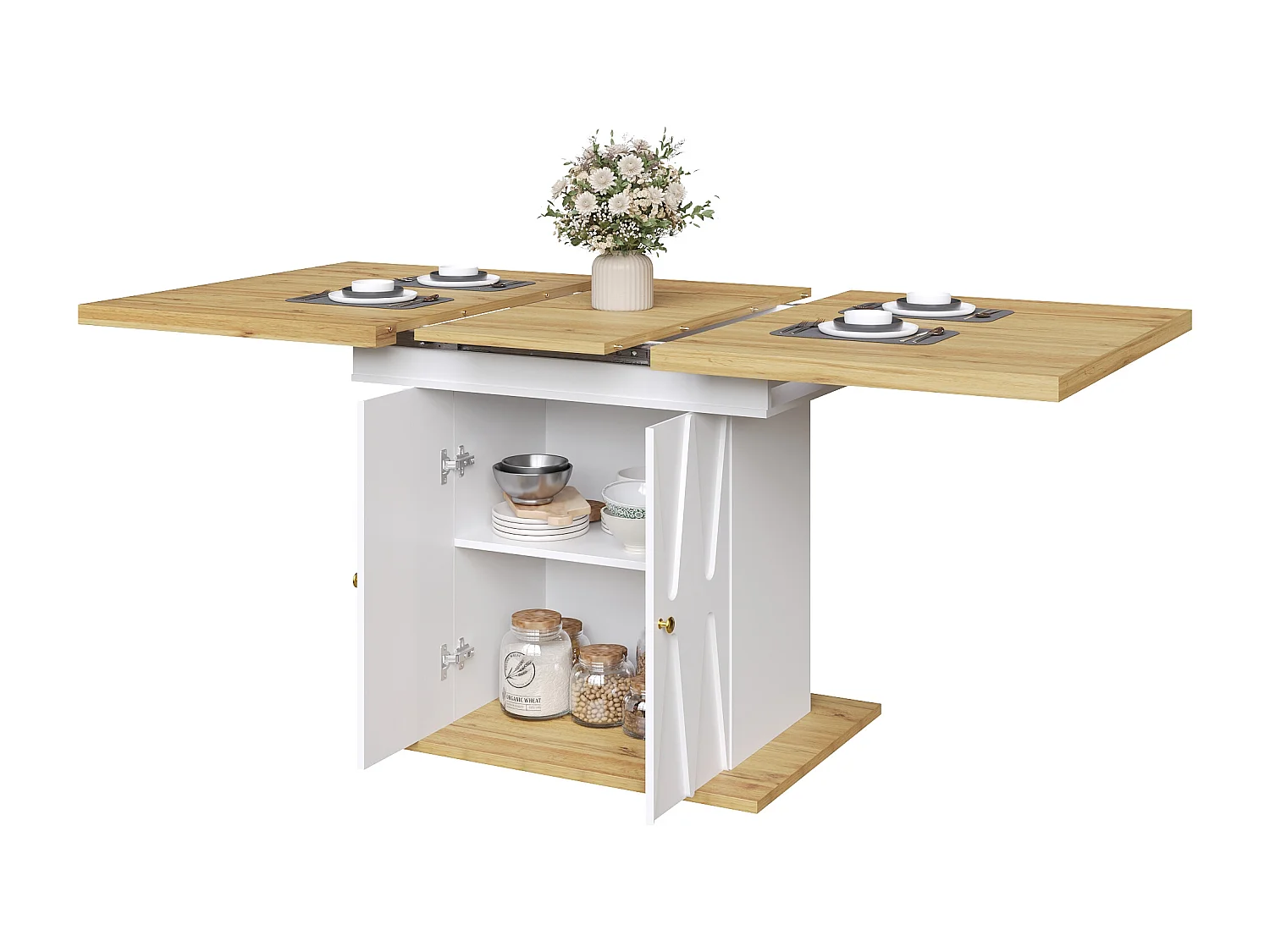 Table à manger extensible 110/140x70x76 cm - Pour 6 personnes - MDF + métal - avec meuble de rangement - Blanc