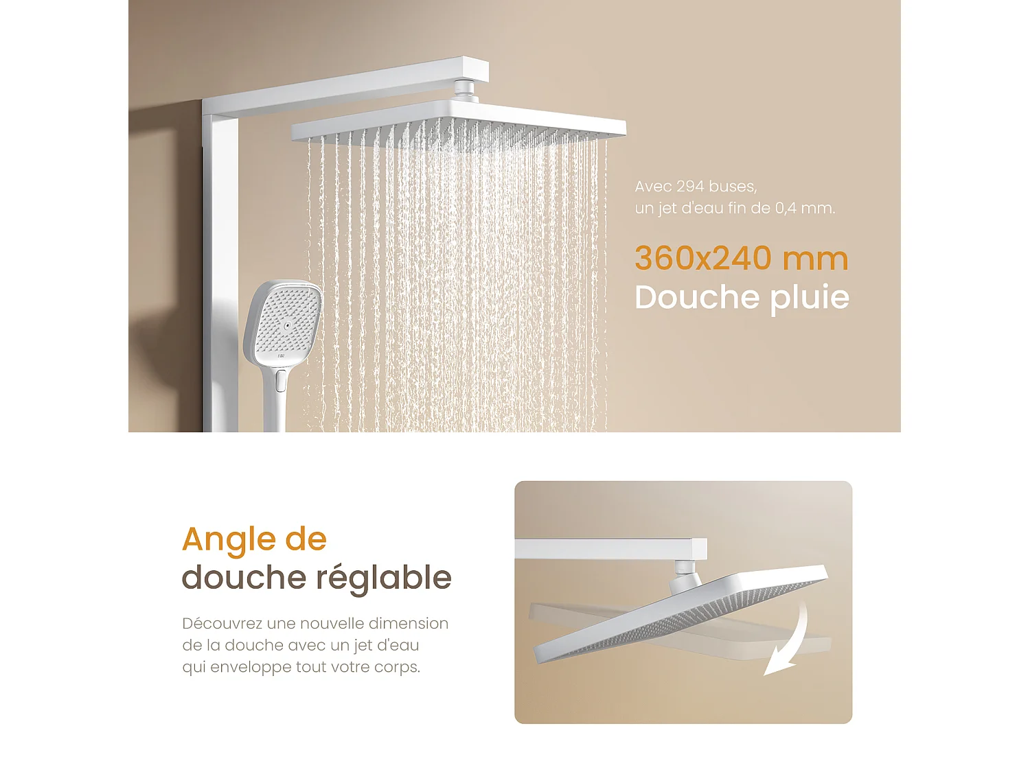 EMKE Thermostatische Doucheset Sedal-cartouche Glazen Planchet Regendouche 36x24cm Handdouche 4 Standen Wit