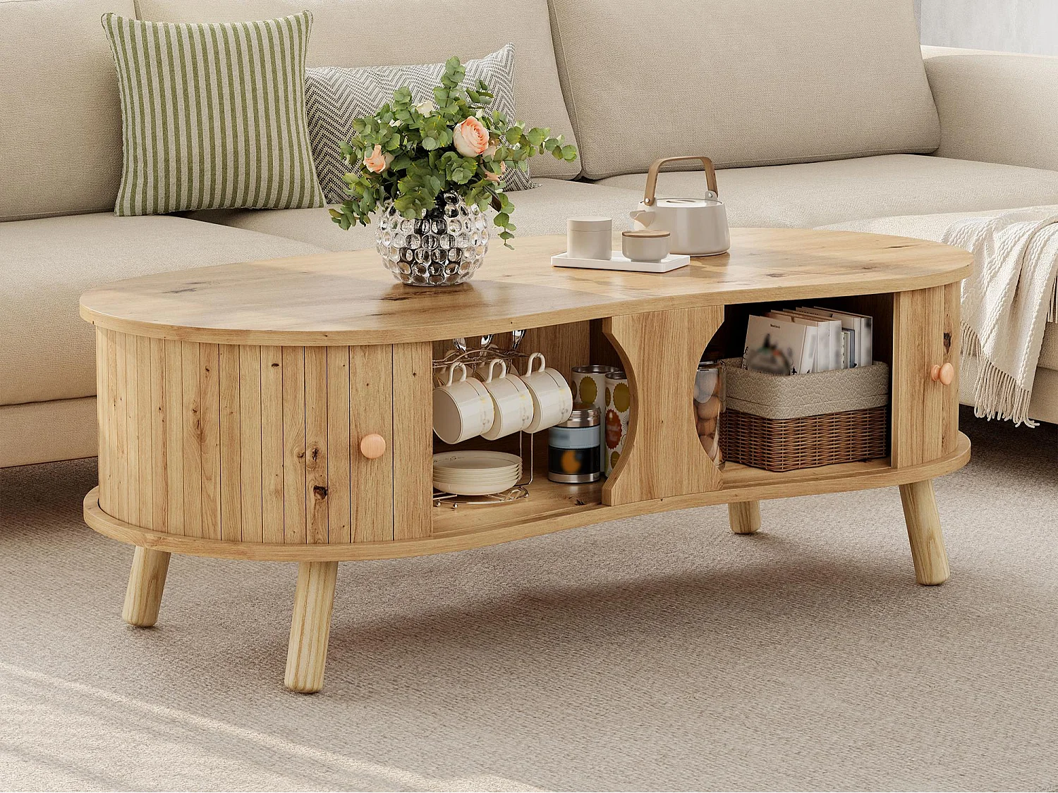 Table basse en forme de pois 108x50x37 cm - 2 portes coulissantes - Finition bois - Pieds en bois massif - MDF - Naturel