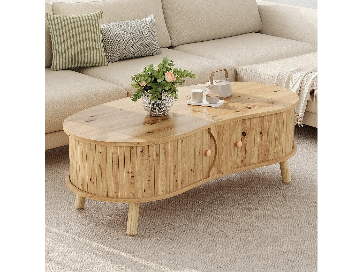 Table basse en forme de pois 108x50x37 cm - 2 portes coulissantes - Finition bois - Pieds en bois massif - MDF - Naturel
