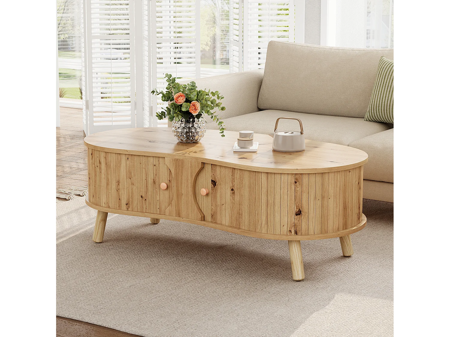 Table basse en forme de pois 108x50x37 cm - 2 portes coulissantes - Finition bois - Pieds en bois massif - MDF - Naturel