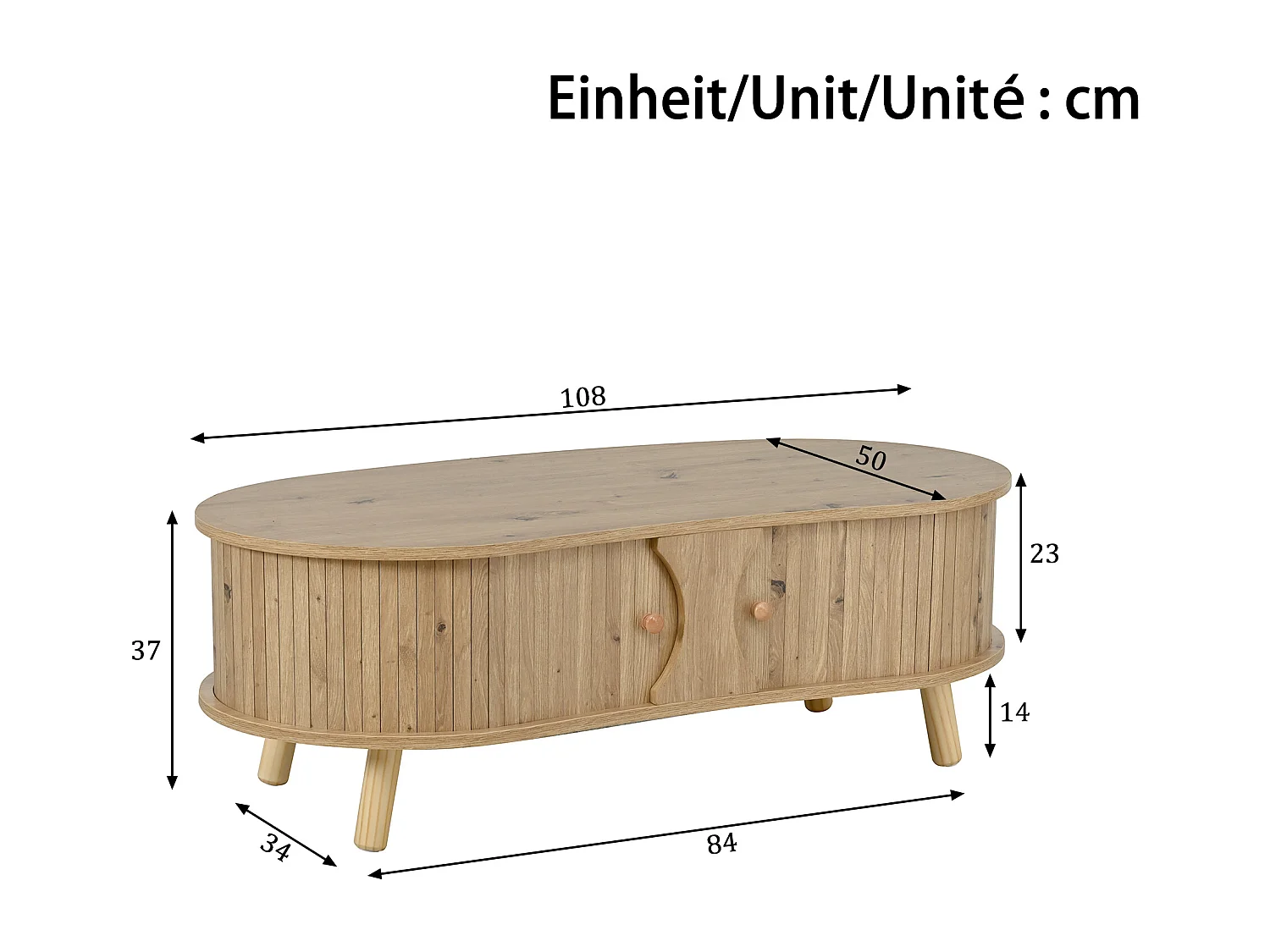 Table basse en forme de pois 108x50x37 cm - 2 portes coulissantes - Finition bois - Pieds en bois massif - MDF - Naturel