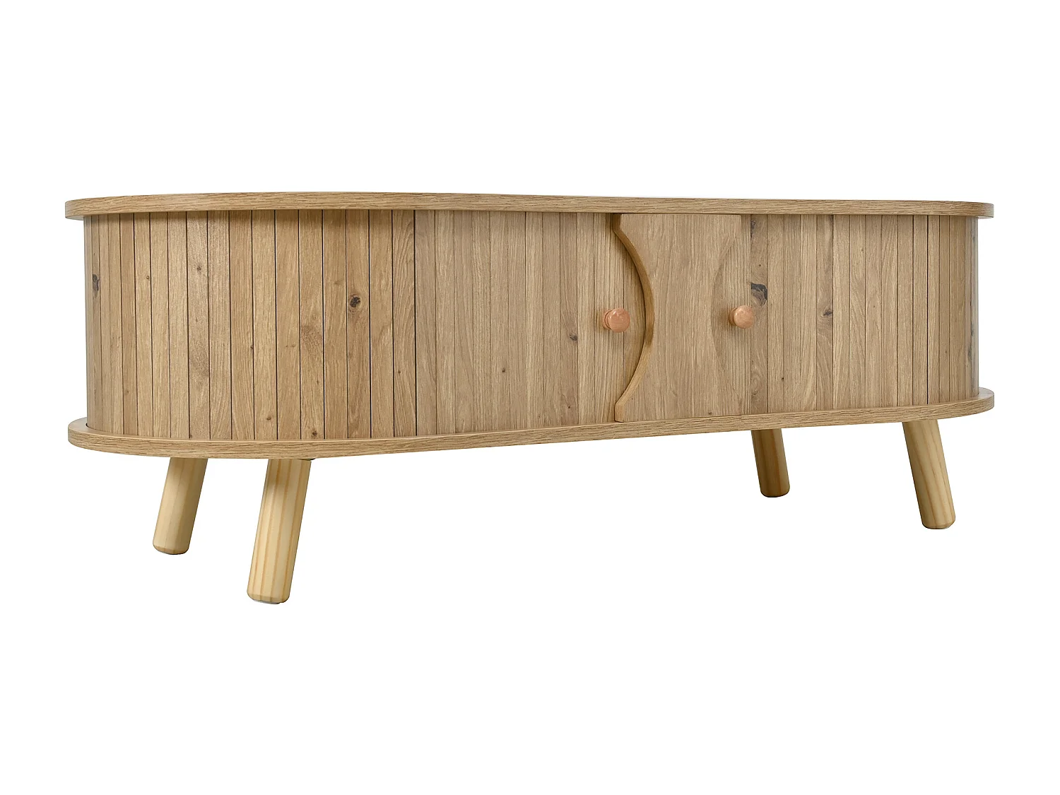 Table basse en forme de pois 108x50x37 cm - 2 portes coulissantes - Finition bois - Pieds en bois massif - MDF - Naturel
