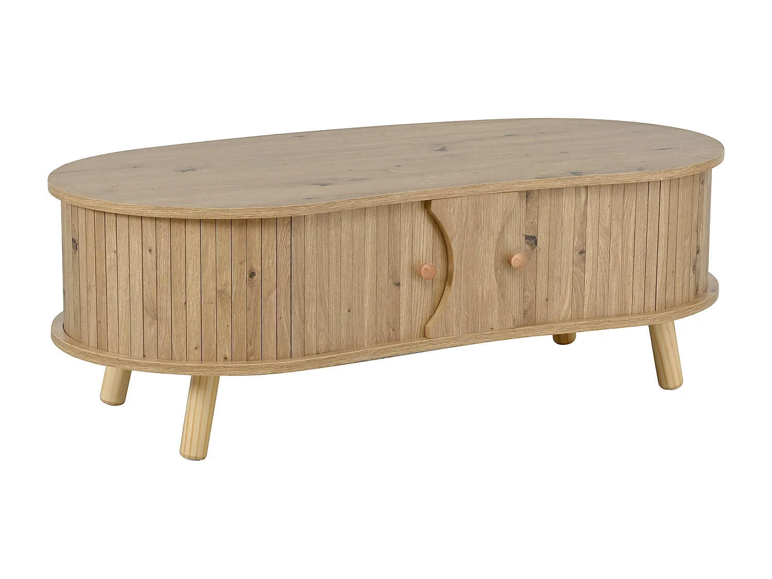 Table basse en forme de pois 108x50x37 cm - 2 portes coulissantes - Finition bois - Pieds en bois massif - MDF - Naturel