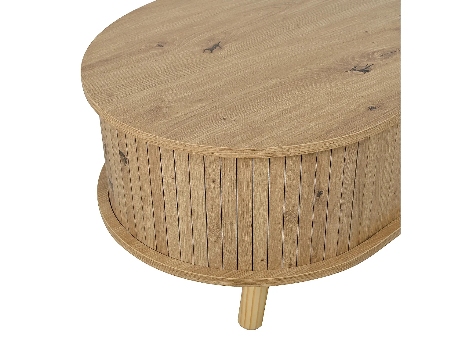 Table basse en forme de pois 108x50x37 cm - 2 portes coulissantes - Finition bois - Pieds en bois massif - MDF - Naturel