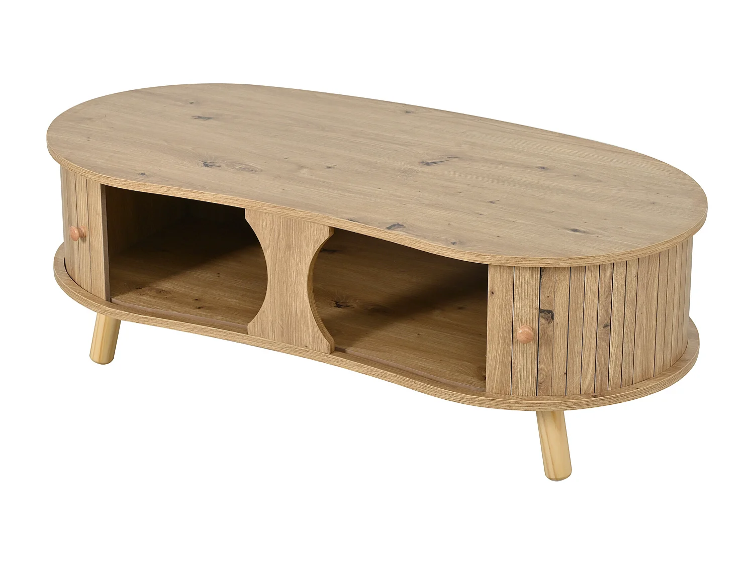 Table basse en forme de pois 108x50x37 cm - 2 portes coulissantes - Finition bois - Pieds en bois massif - MDF - Naturel