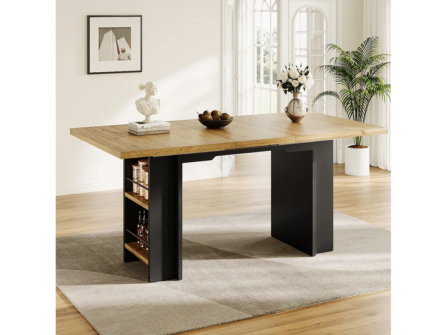 Table à manger extensible - MDF - 120-160 cm - 6 personnes - avec des étagères - Naturel+ Noir