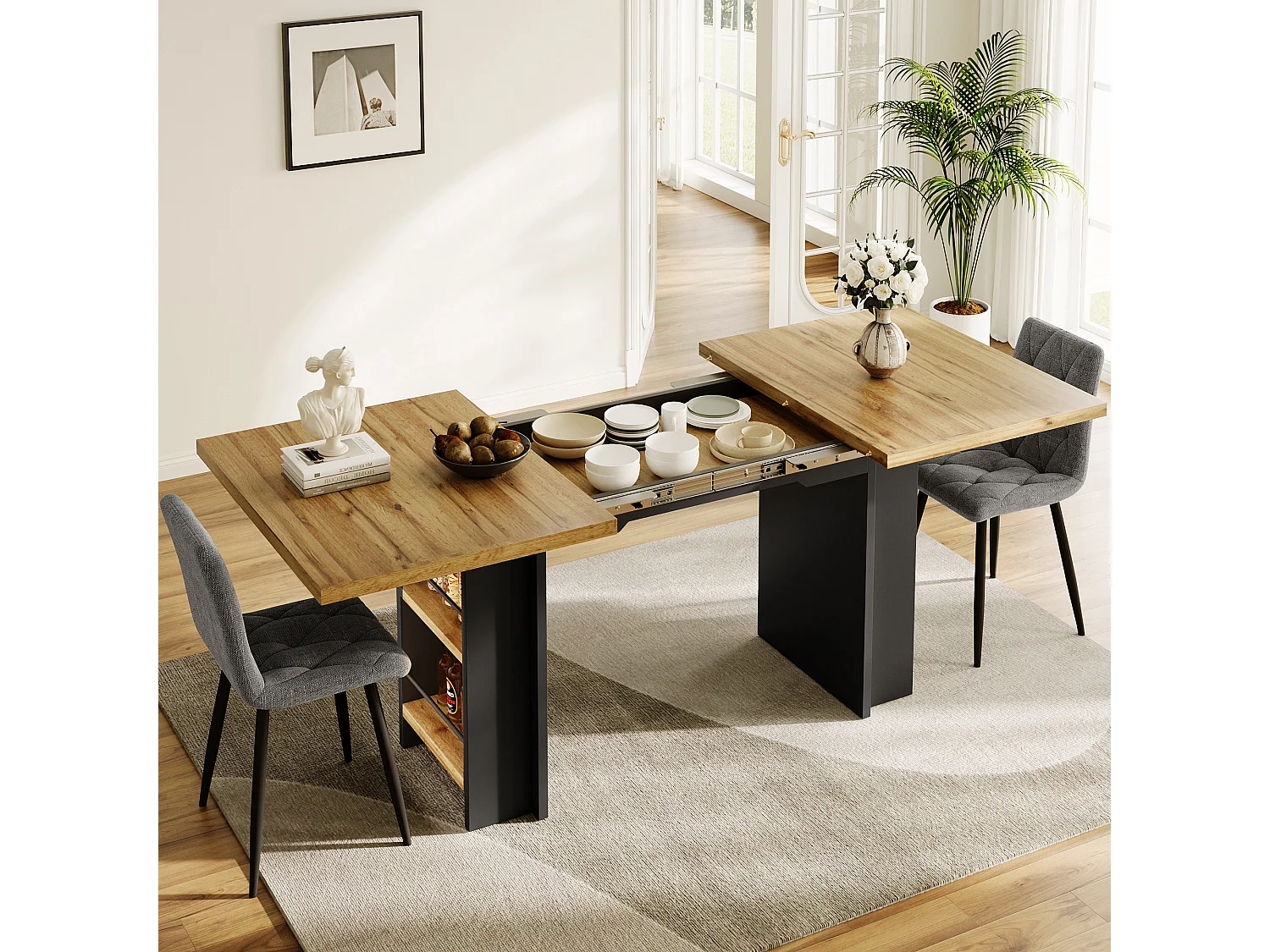 Table à manger extensible - MDF - 120-160 cm - 6 personnes - avec des étagères - Naturel+ Noir