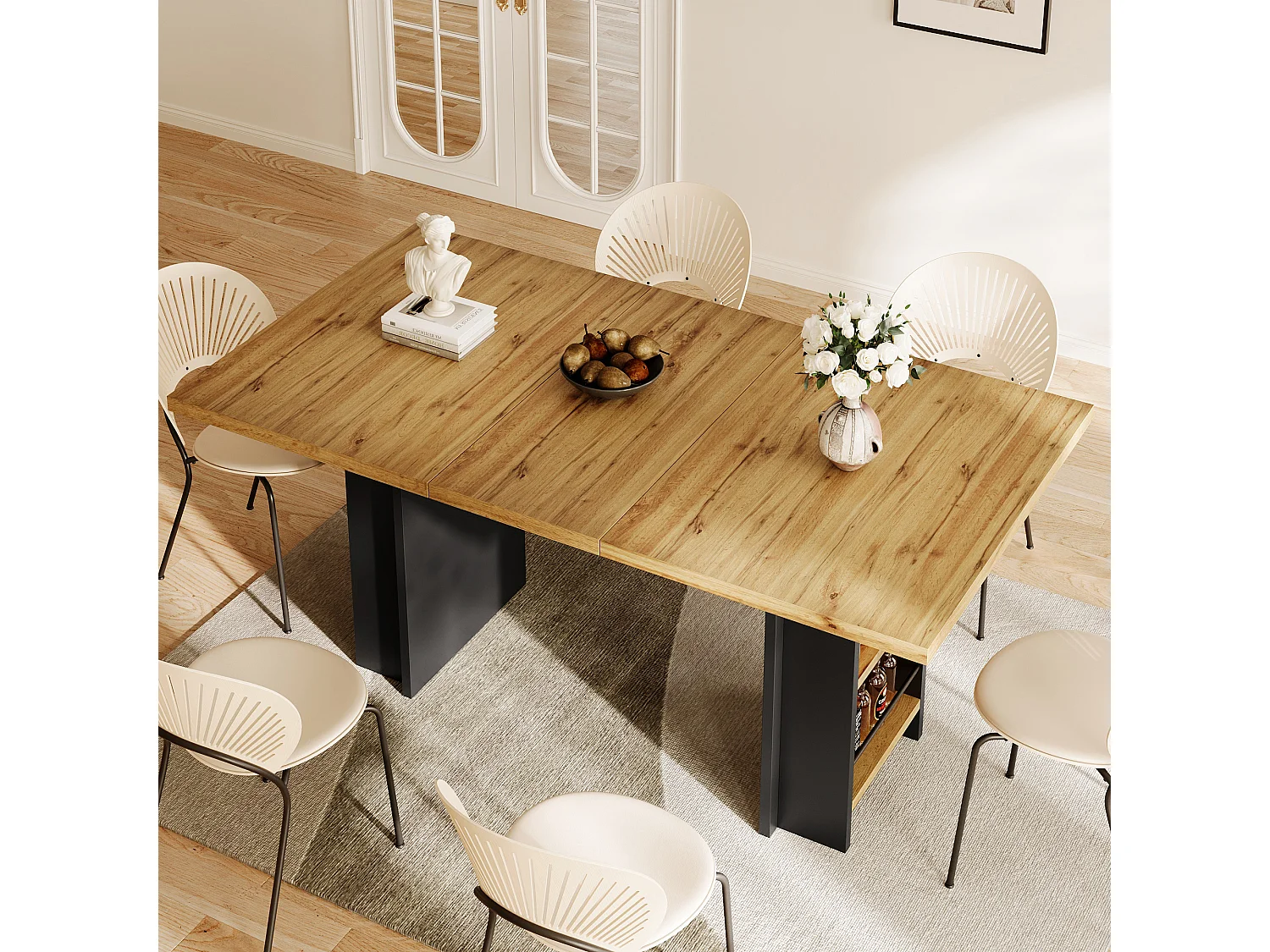 Table à manger extensible - MDF - 120-160 cm - 6 personnes - avec des étagères - Naturel+ Noir