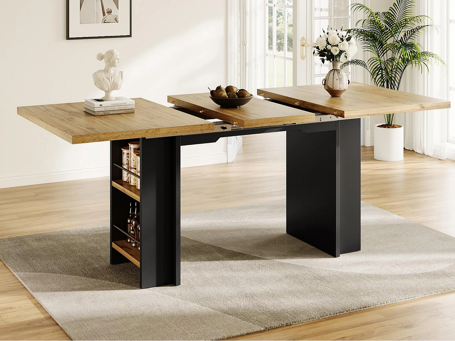 Table à manger extensible - MDF - 120-160 cm - 6 personnes - avec des étagères - Naturel+ Noir