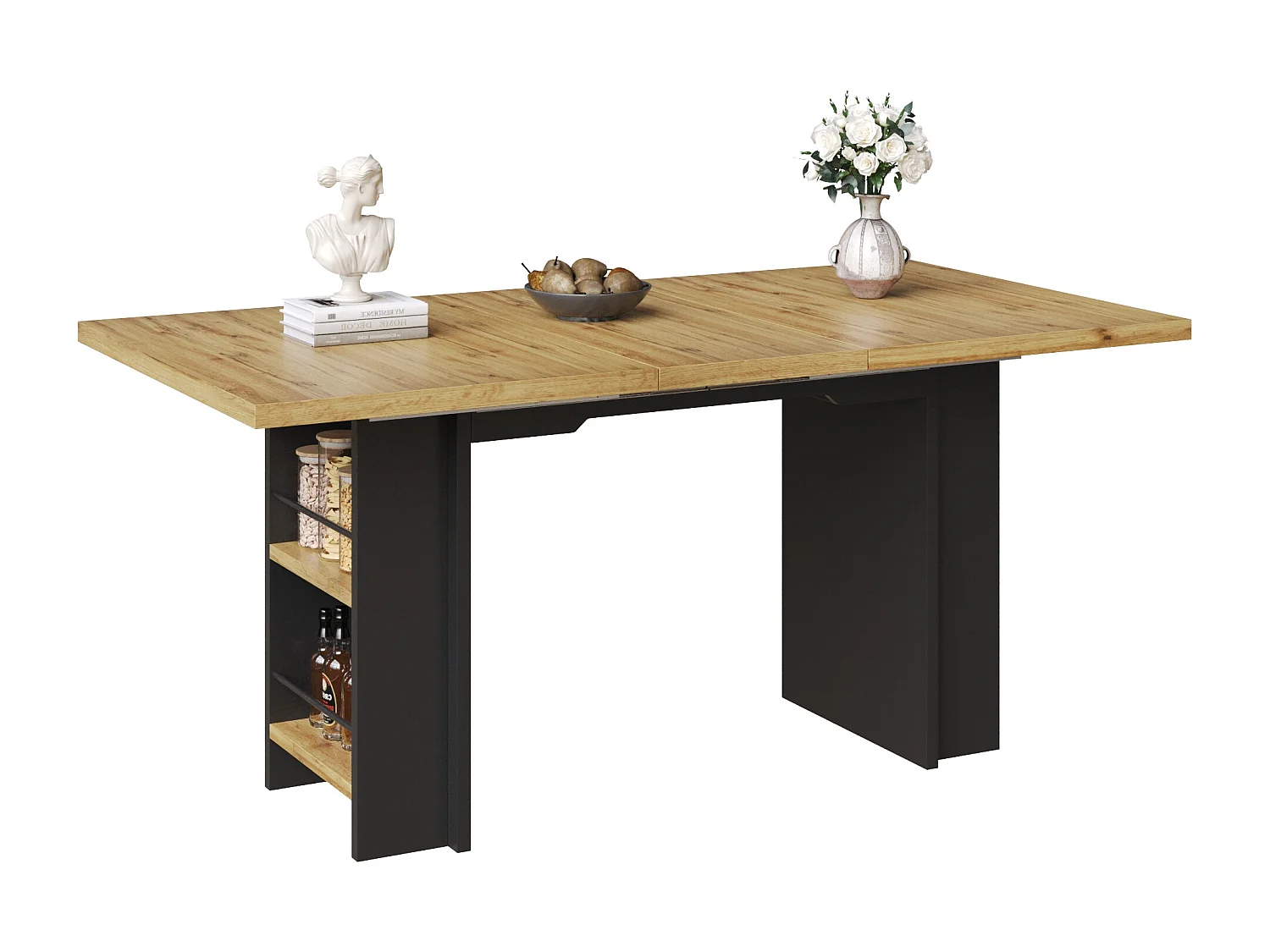 Table à manger extensible - MDF - 120-160 cm - 6 personnes - avec des étagères - Naturel+ Noir