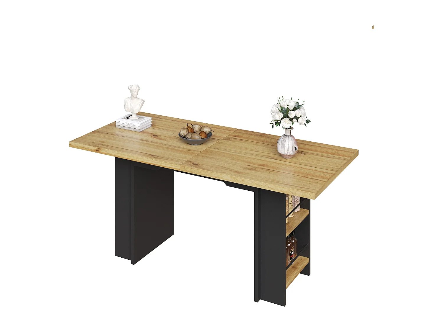 Table à manger extensible - MDF - 120-160 cm - 6 personnes - avec des étagères - Naturel+ Noir