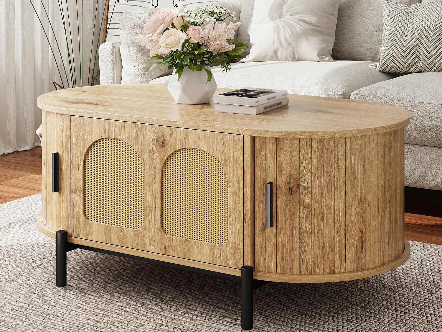 Ovaler Beistelltisch aus Rattan 100x50x40 cm - 2 Schiebetüren und 1 Klapptür - Holzoptik - Metallfüße - Natur