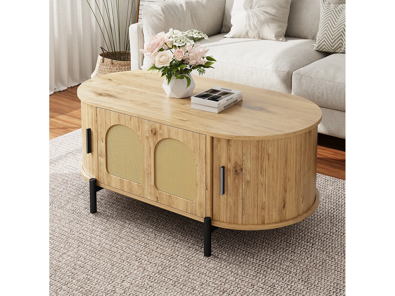 Ovaler Beistelltisch aus Rattan 100x50x40 cm - 2 Schiebetüren und 1 Klapptür - Holzoptik - Metallfüße - Natur