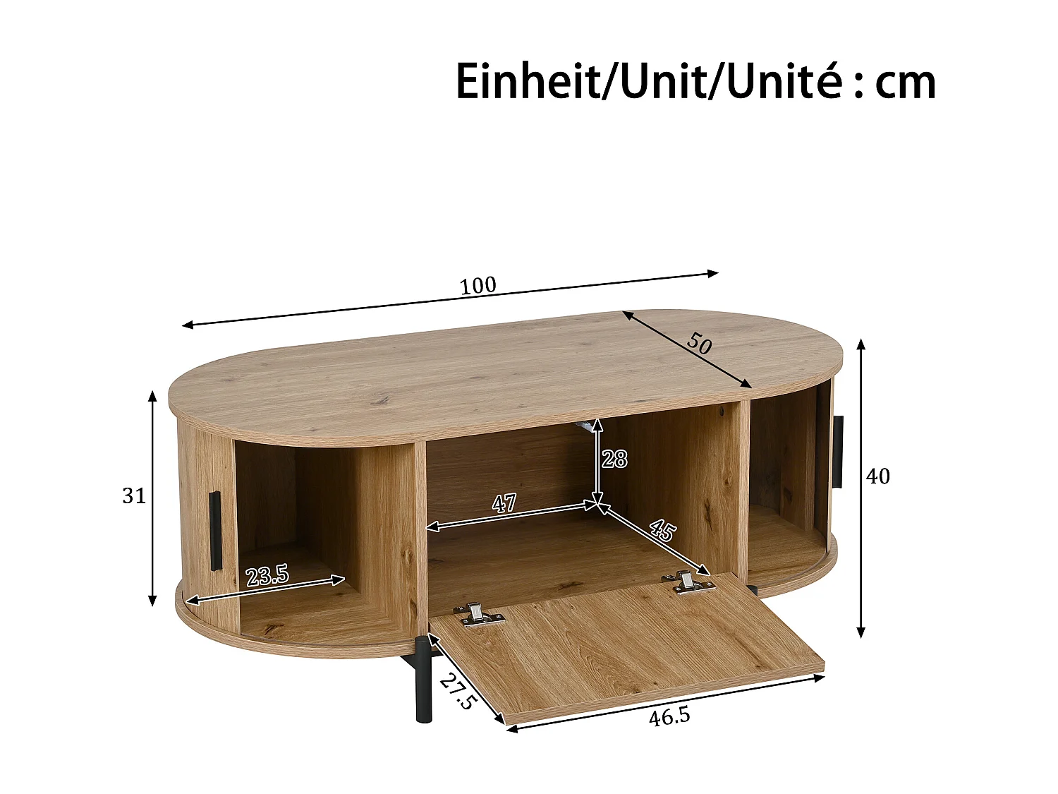 Ovaler Beistelltisch aus Rattan 100x50x40 cm - 2 Schiebetüren und 1 Klapptür - Holzoptik - Metallfüße - Natur
