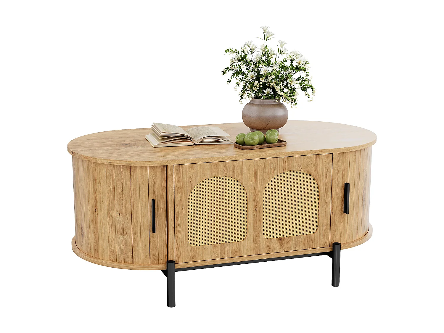 Ovaler Beistelltisch aus Rattan 100x50x40 cm - 2 Schiebetüren und 1 Klapptür - Holzoptik - Metallfüße - Natur