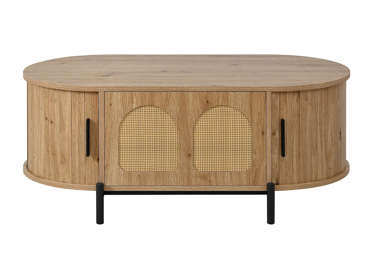 Ovaler Beistelltisch aus Rattan 100x50x40 cm - 2 Schiebetüren und 1 Klapptür - Holzoptik - Metallfüße - Natur