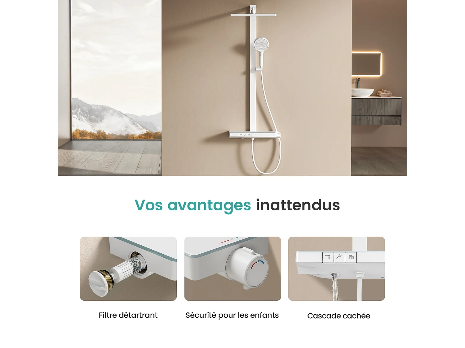 EMKE Thermostatische Doucheset Wit Regendouche 36x24cm & Handdouche 4 Standen met Planchet