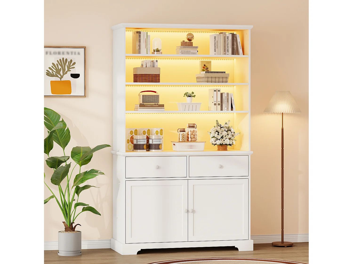 Moderne Vitrine 100x38x170cm - Mit LED-Beleuchtung - 2 Türen und 2 Schubladen - Offene Regale - Spanplatten - Weiß