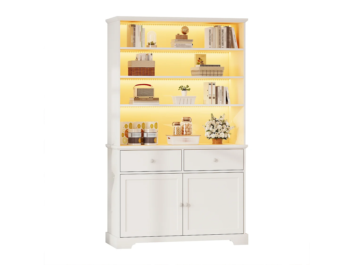 Moderne Vitrine 100x38x170cm - Mit LED-Beleuchtung - 2 Türen und 2 Schubladen - Offene Regale - Spanplatten - Weiß