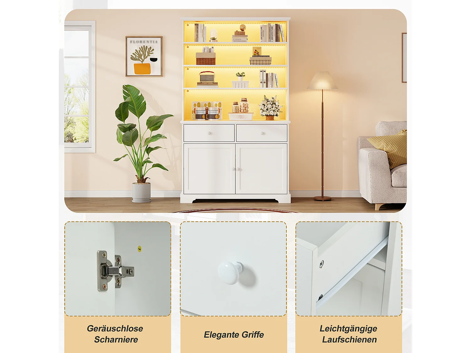 Moderne Vitrine 100x38x170cm - Mit LED-Beleuchtung - 2 Türen und 2 Schubladen - Offene Regale - Spanplatten - Weiß