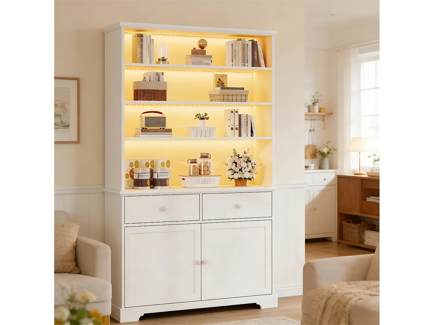 Moderne Vitrine 100x38x170cm - Mit LED-Beleuchtung - 2 Türen und 2 Schubladen - Offene Regale - Spanplatten - Weiß