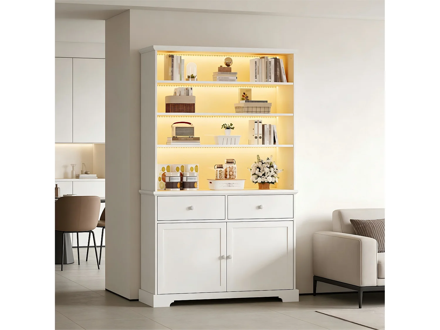 Moderne Vitrine 100x38x170cm - Mit LED-Beleuchtung - 2 Türen und 2 Schubladen - Offene Regale - Spanplatten - Weiß