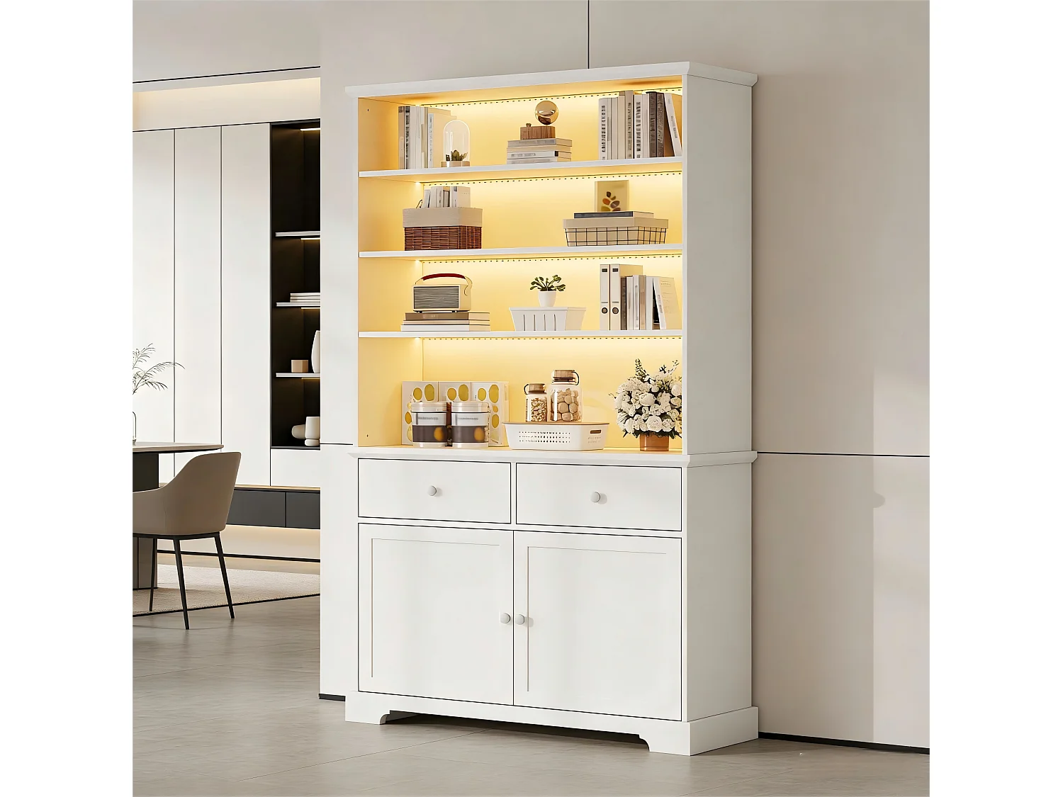 Moderne Vitrine 100x38x170cm - Mit LED-Beleuchtung - 2 Türen und 2 Schubladen - Offene Regale - Spanplatten - Weiß