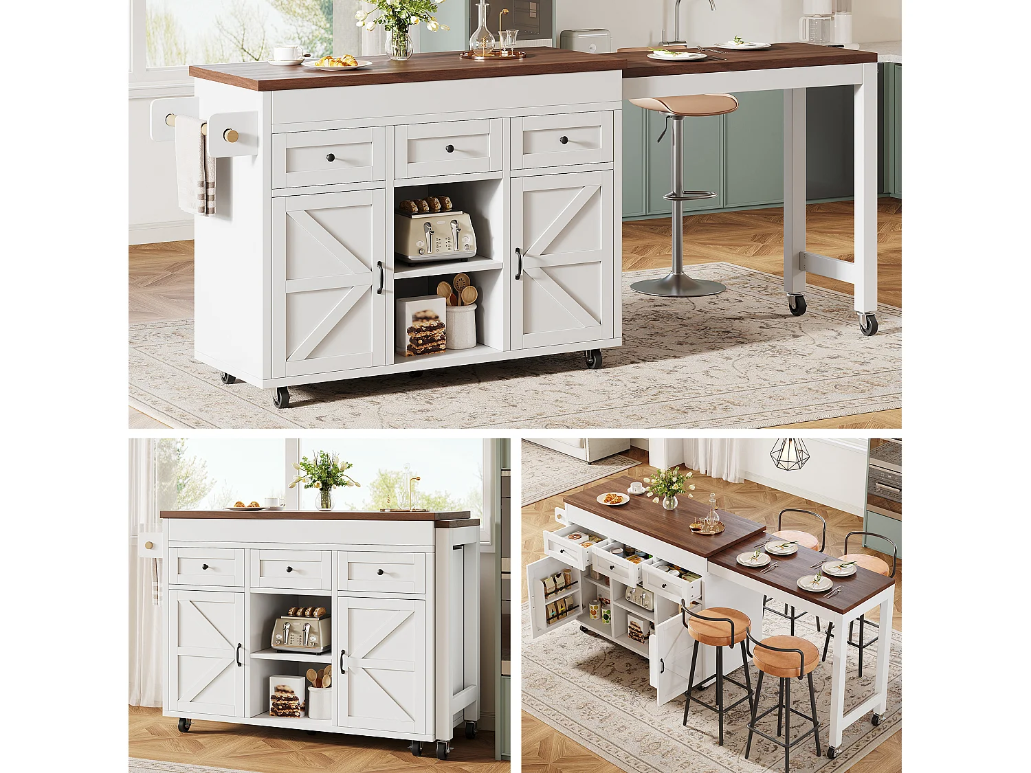 Îlot de cuisine extensible - 1315-210 cm x 40 x 92 cm - pivotante à 360°- avec 3 tiroirs + 2 portes - MDF - blanc