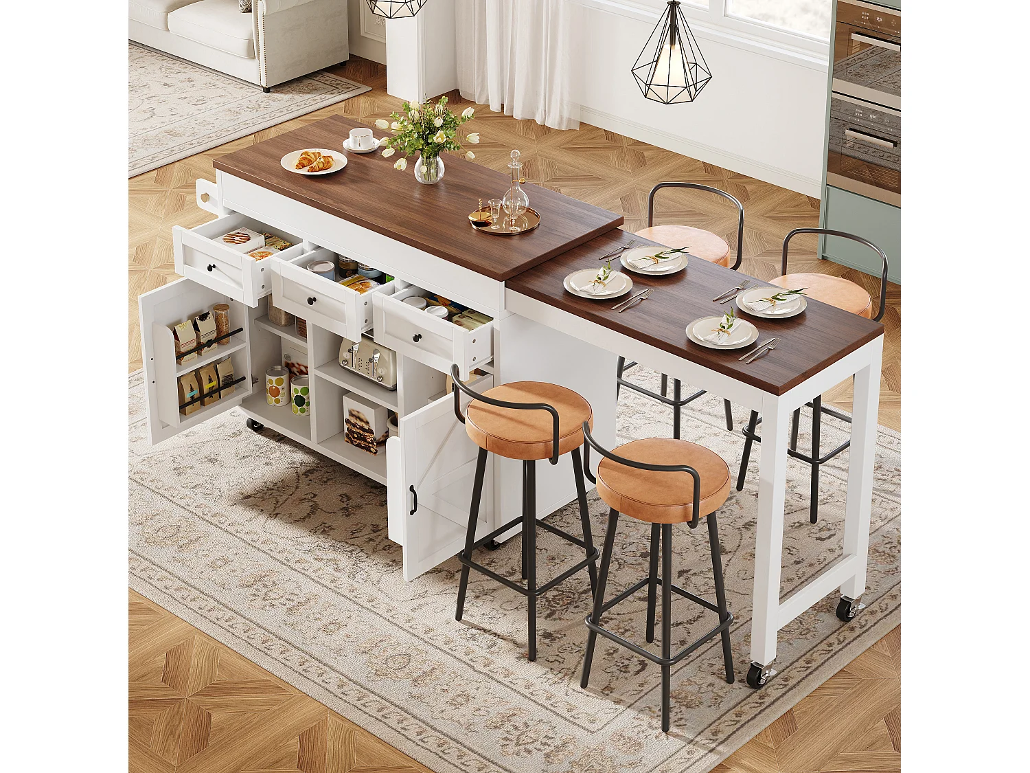 Îlot de cuisine extensible - 1315-210 cm x 40 x 92 cm - pivotante à 360°- avec 3 tiroirs + 2 portes - MDF - blanc