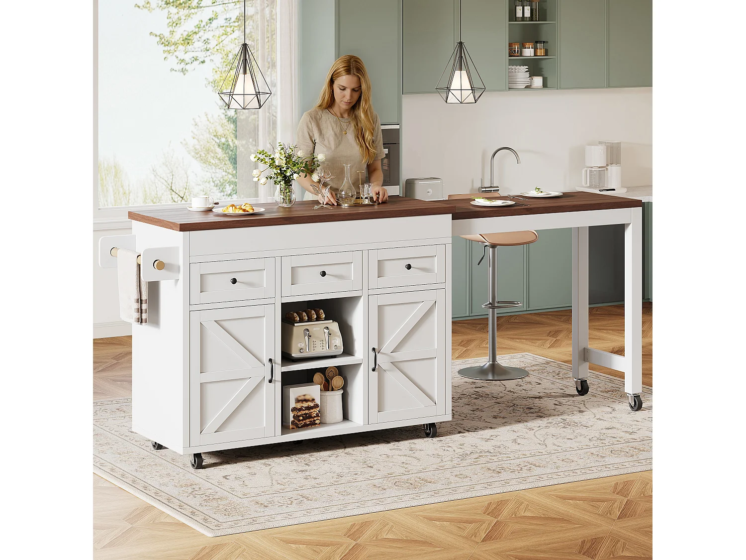 Îlot de cuisine extensible - 1315-210 cm x 40 x 92 cm - pivotante à 360°- avec 3 tiroirs + 2 portes - MDF - blanc