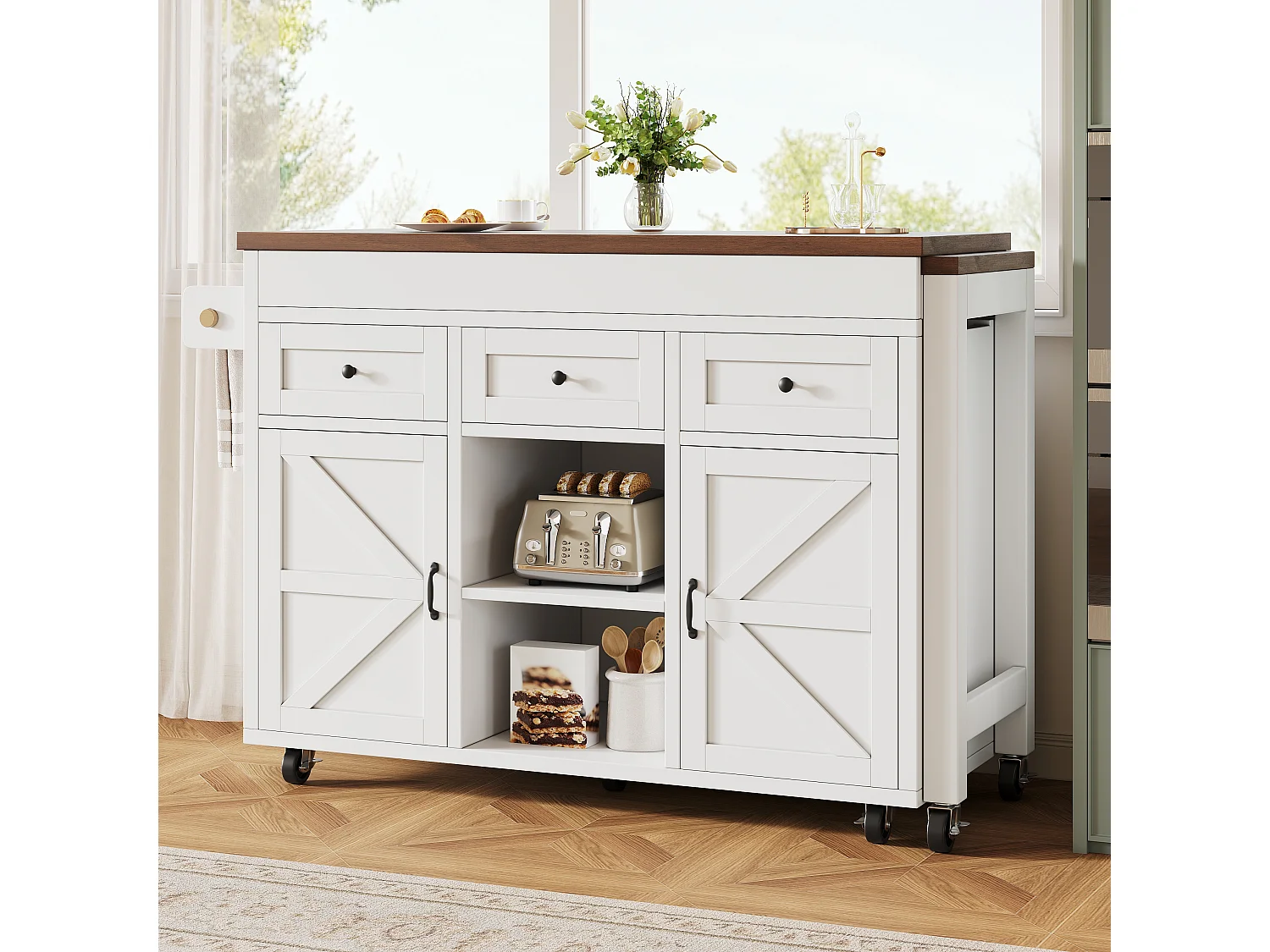 Îlot de cuisine extensible - 1315-210 cm x 40 x 92 cm - pivotante à 360°- avec 3 tiroirs + 2 portes - MDF - blanc