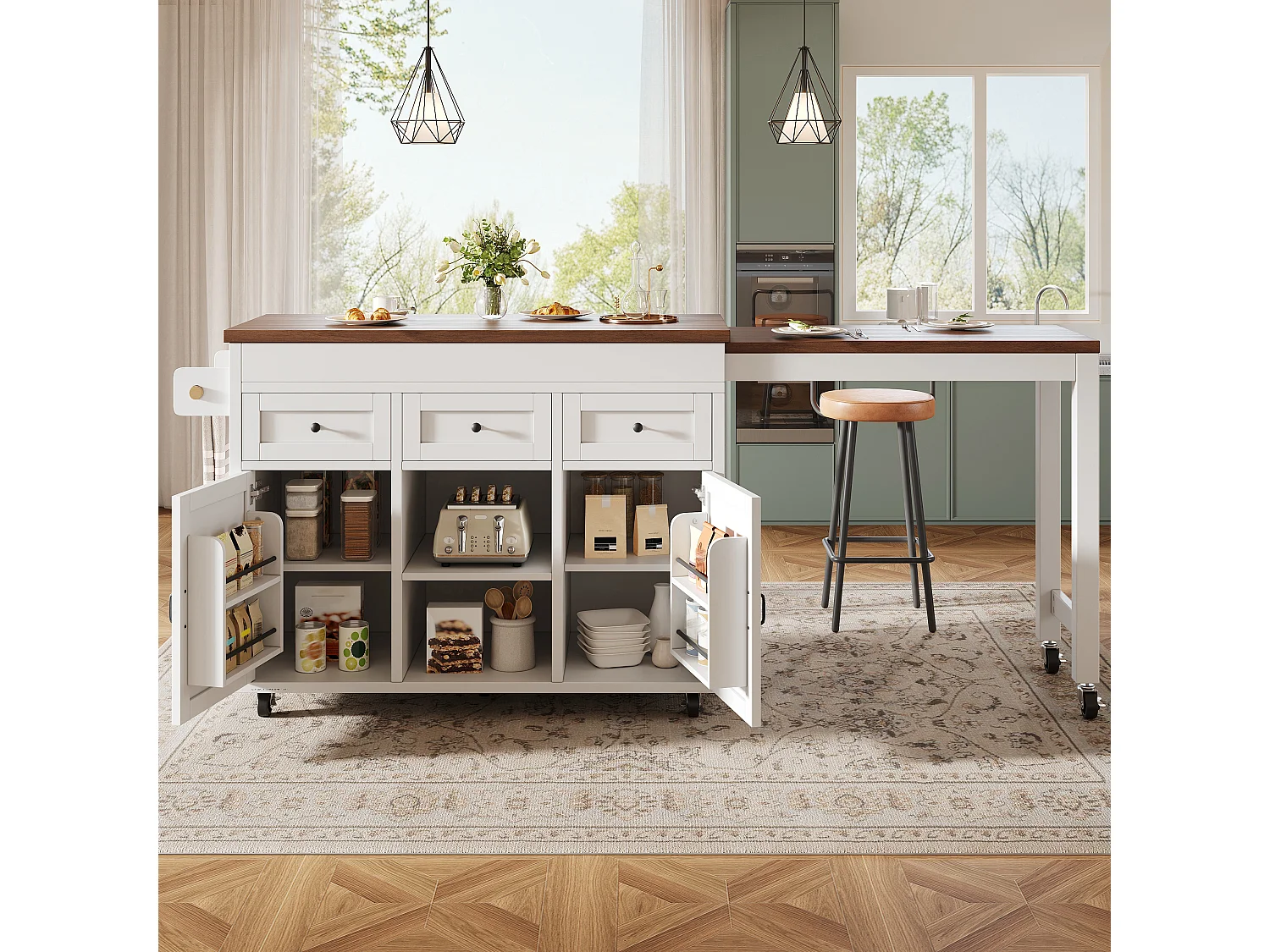 Îlot de cuisine extensible - 1315-210 cm x 40 x 92 cm - pivotante à 360°- avec 3 tiroirs + 2 portes - MDF - blanc