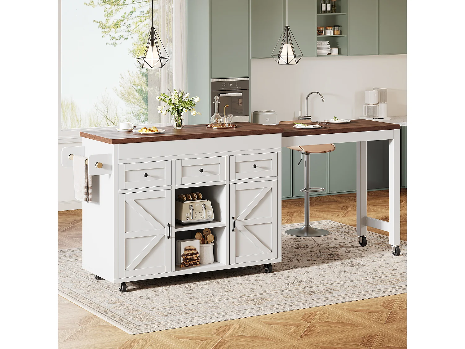 Îlot de cuisine extensible - 1315-210 cm x 40 x 92 cm - pivotante à 360°- avec 3 tiroirs + 2 portes - MDF - blanc