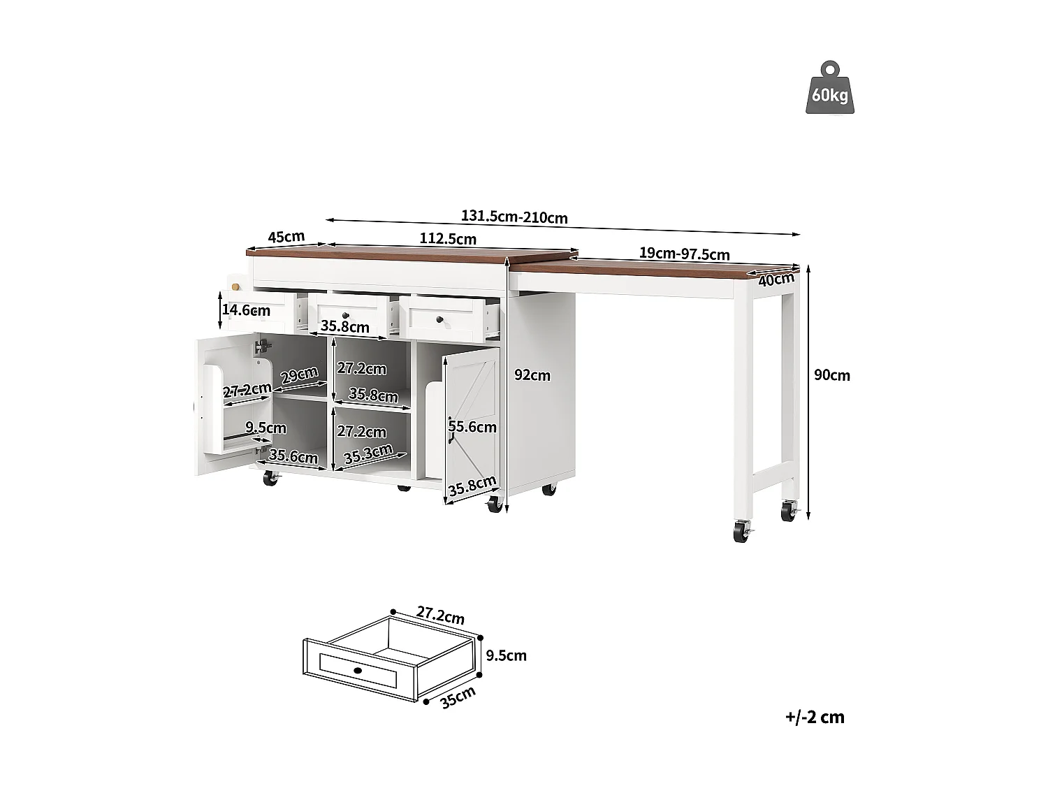 Îlot de cuisine extensible - 1315-210 cm x 40 x 92 cm - pivotante à 360°- avec 3 tiroirs + 2 portes - MDF - blanc